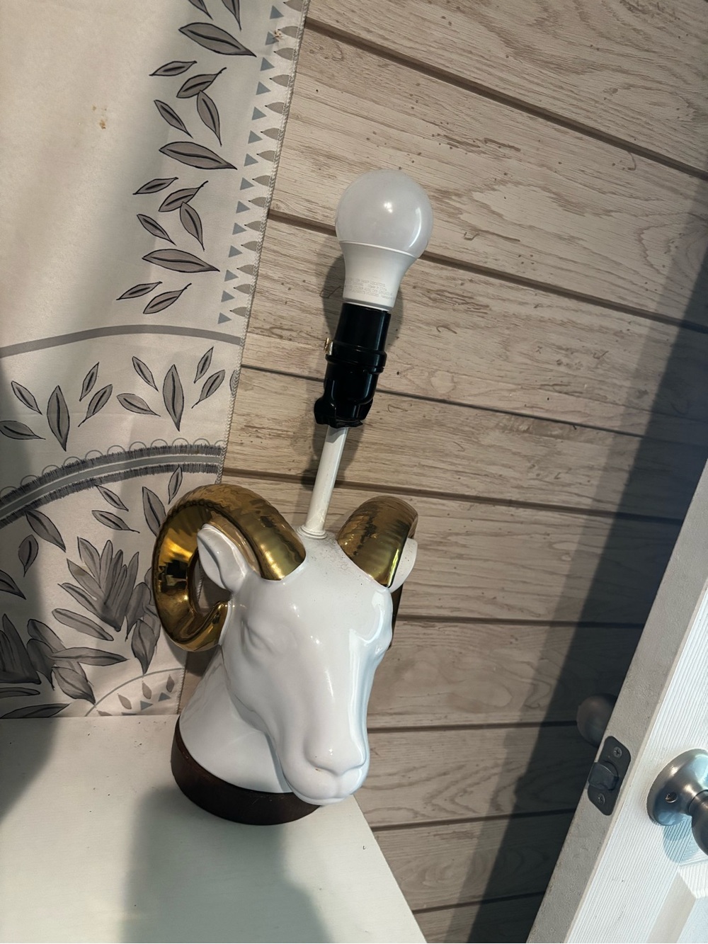 White Ceramic Ram Head Table Lamp with Gold Horns
